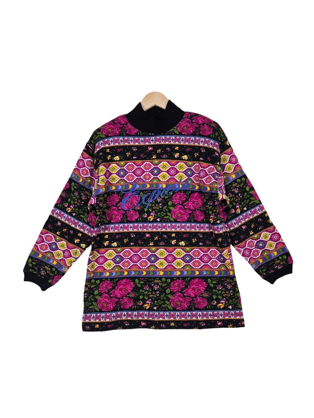 Vintage 90s Express Spellout Sweatshirt S Black Multi Floral Made Italy  Logo